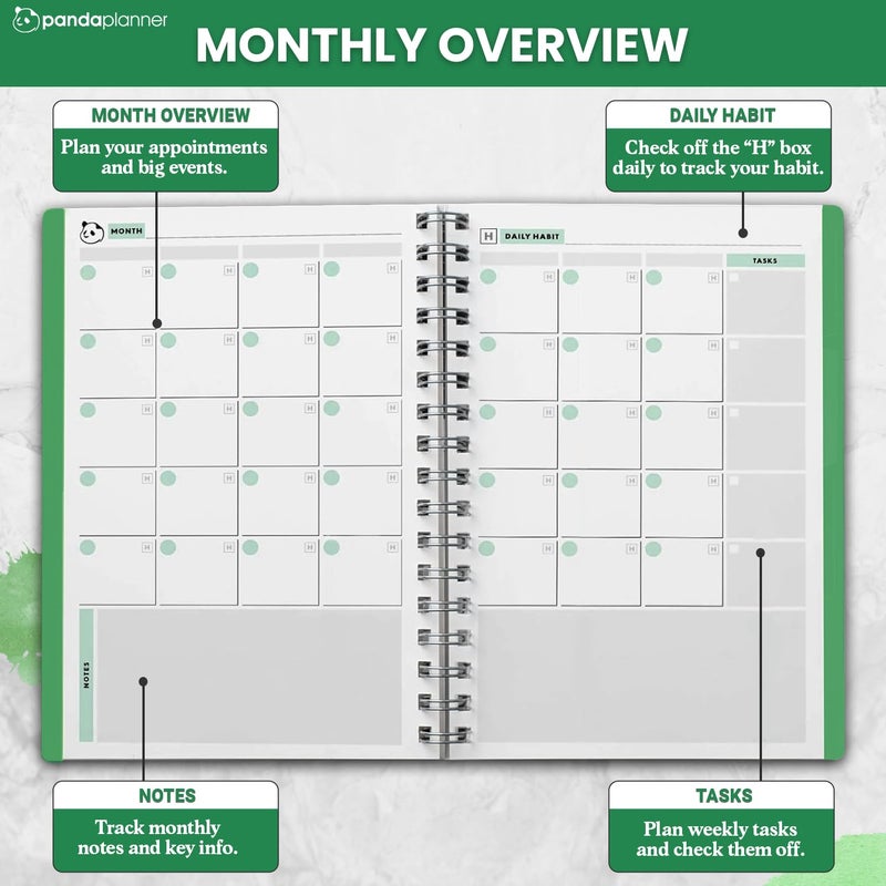 Panda Planner 2026 Undated Daily Planner 5.75" x 8.25" â€“ 90-Day Spiral Productivity & ADHD Planner with Hourly Schedule, Habit Tracker, To-Do List & Monthly Calendar â€“ Panda Journal for Home & Office (Green) - Image 4